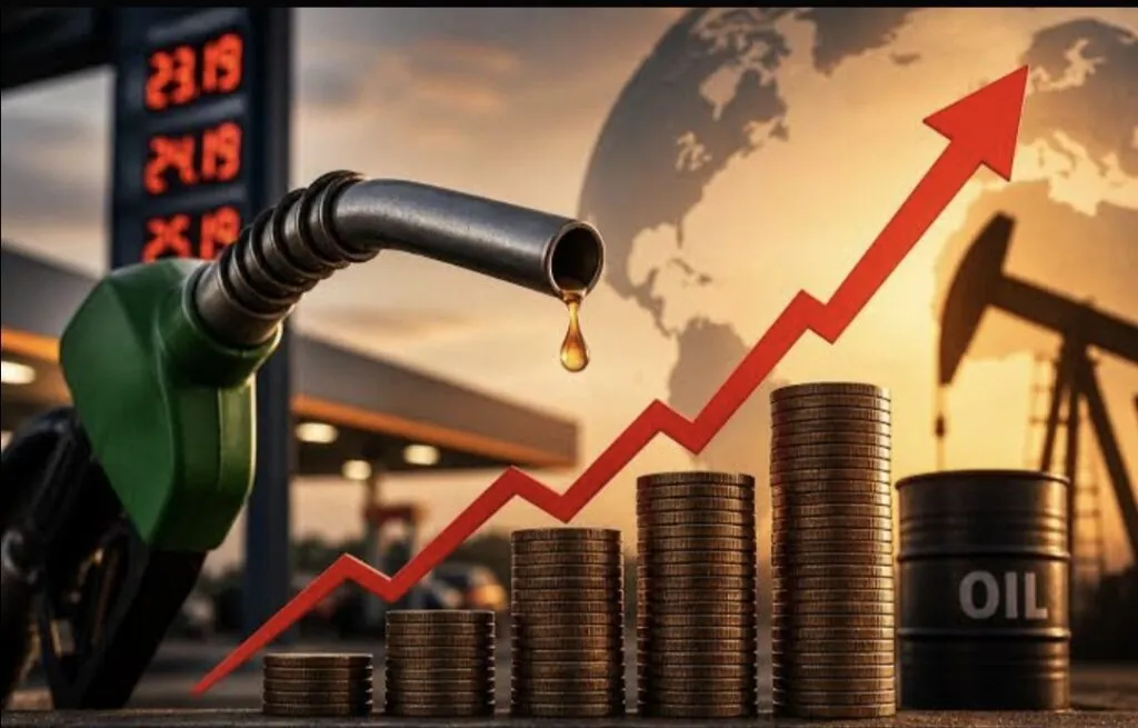 Petrol pump with increasing line graph in the centre for the petrol increases article.