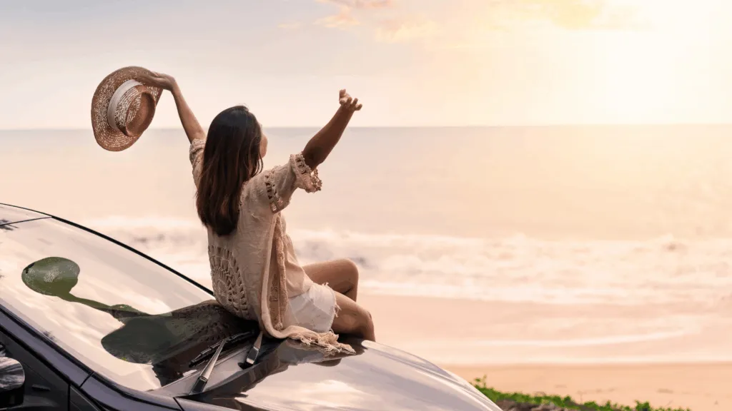 Happy lady in leisure exuding an influencer vibe to augment the article titled: Cars for Expats and Influencers Without Credit Score